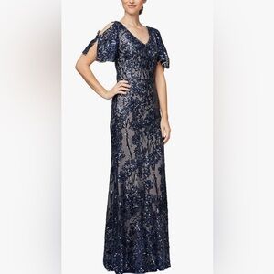 NWT Alex Evenings Navy Blue Lace‎ and Sequence Bridal Gown - Size - 10